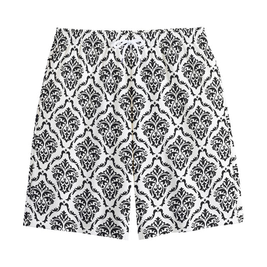 White And Black Damask Pattern Print Cotton Shorts