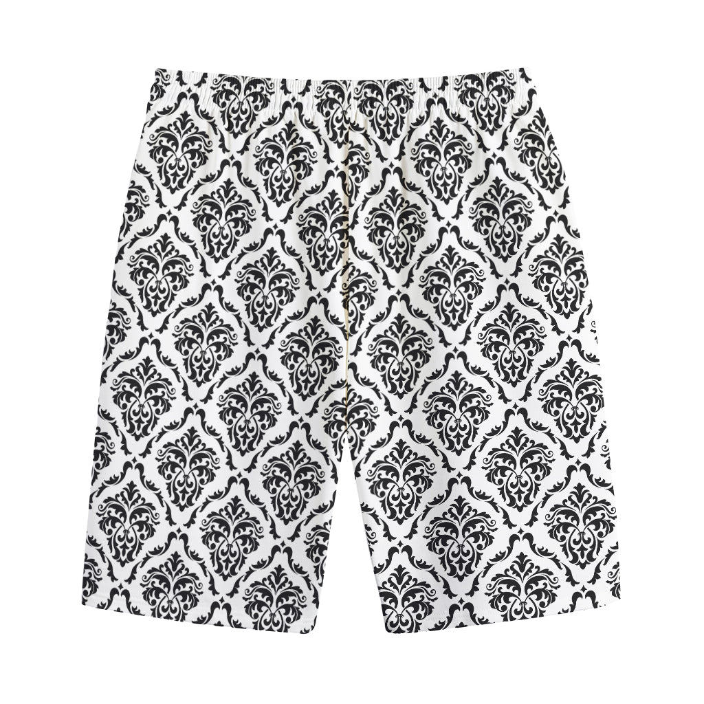 White And Black Damask Pattern Print Cotton Shorts