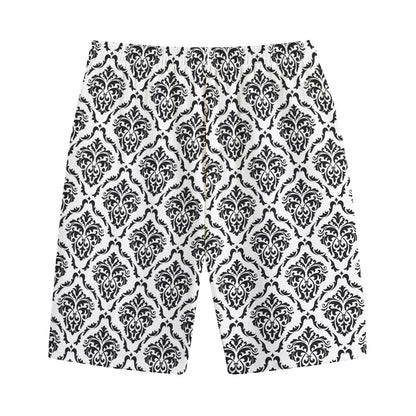 White And Black Damask Pattern Print Cotton Shorts