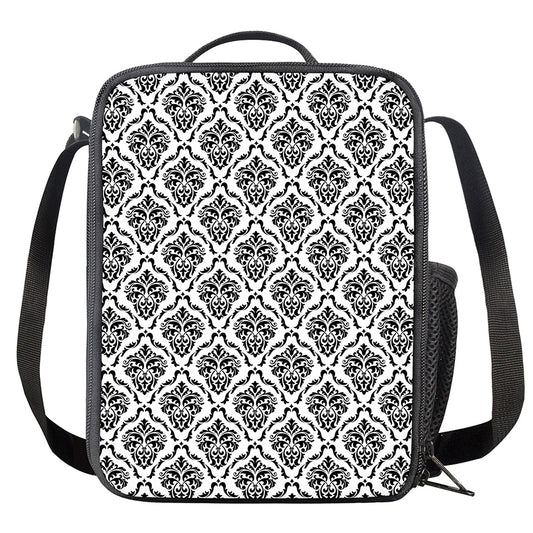 White And Black Damask Pattern Print Crossbody Lunch Bag