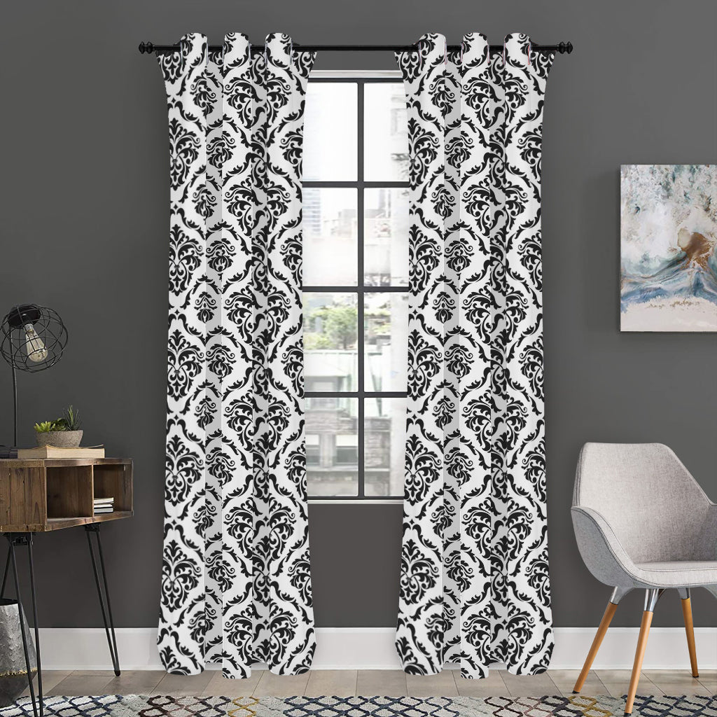 White And Black Damask Pattern Print Curtain