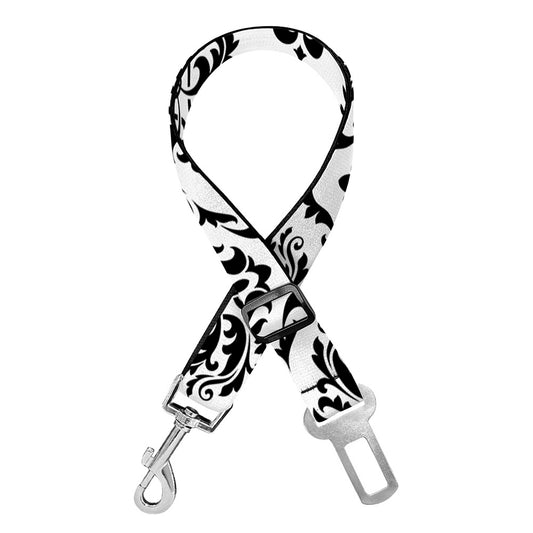 White And Black Damask Pattern Print Dog Seat Belt