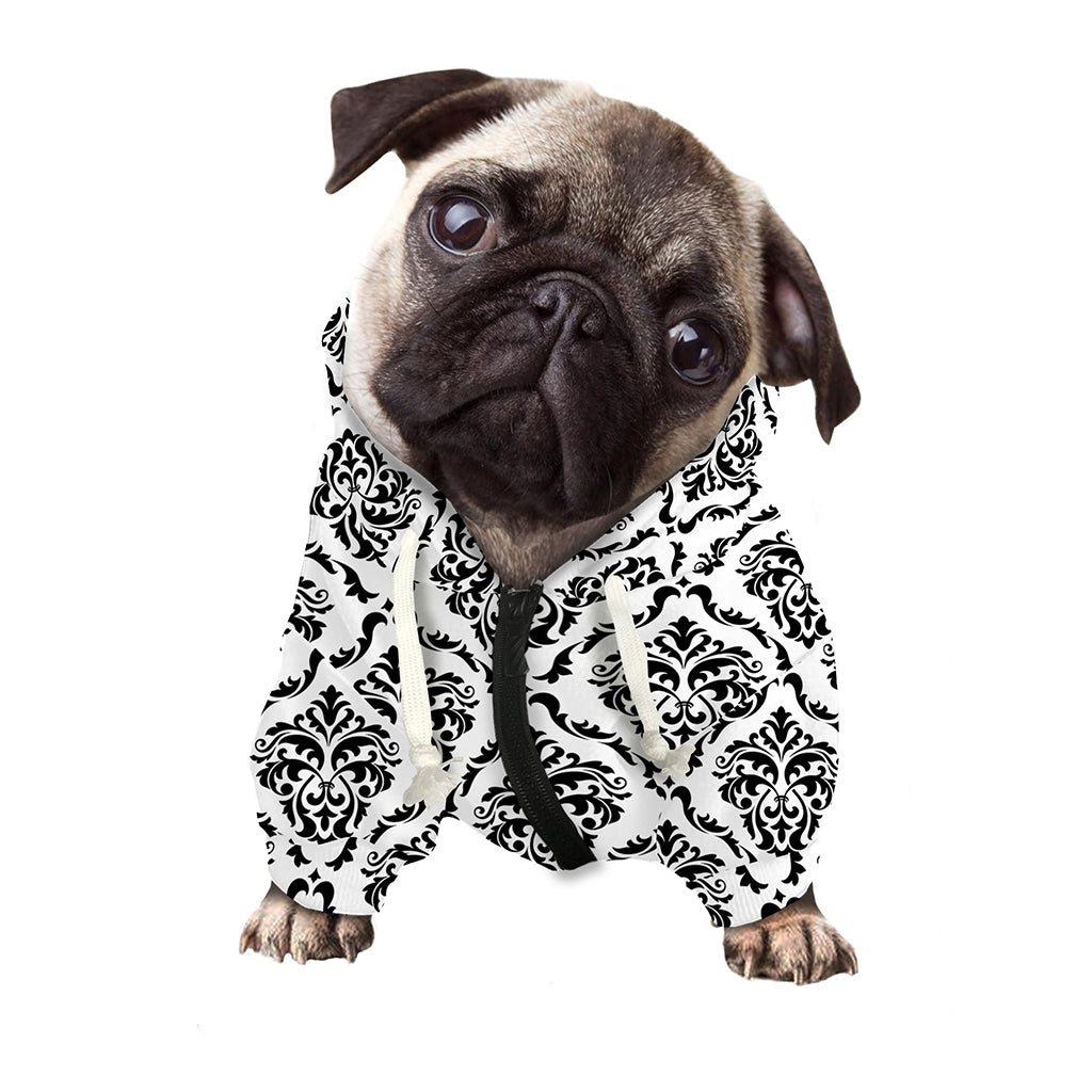 White And Black Damask Pattern Print Dog Zip Up Hoodie