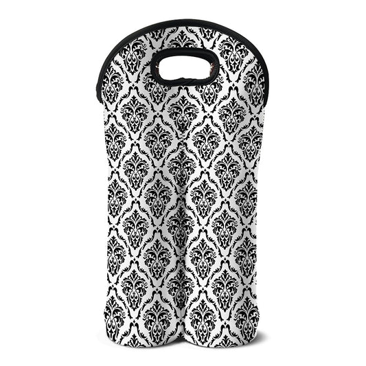 White And Black Damask Pattern Print Double Neoprene Wine Tote