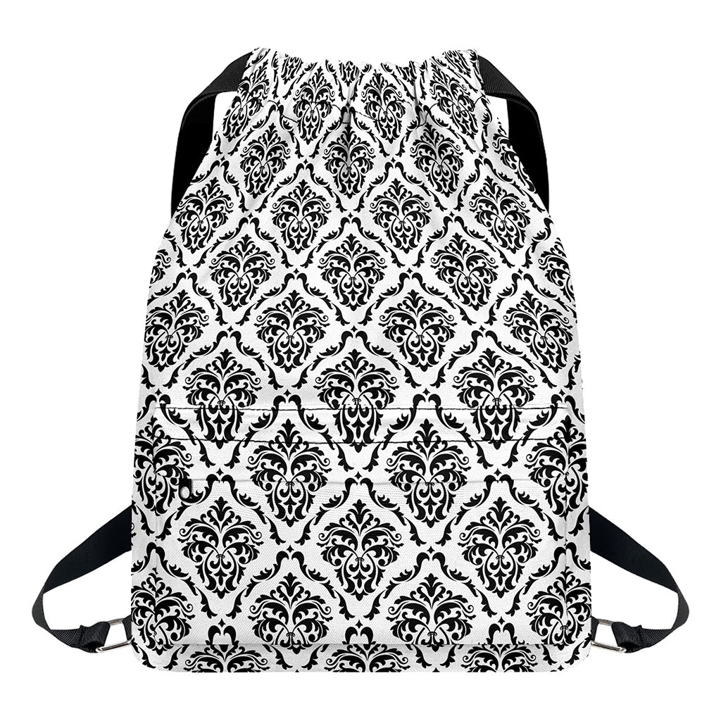 White And Black Damask Pattern Print Drawstring Backpack