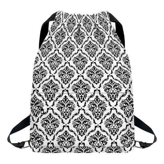 White And Black Damask Pattern Print Drawstring Backpack
