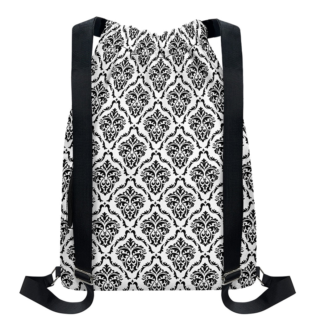 White And Black Damask Pattern Print Drawstring Backpack