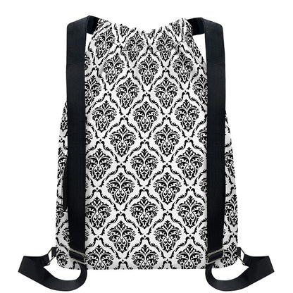 White And Black Damask Pattern Print Drawstring Backpack