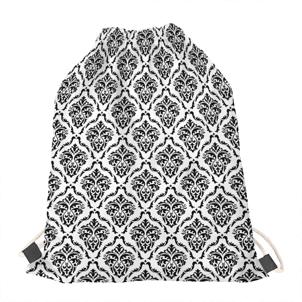 White And Black Damask Pattern Print Drawstring Bag