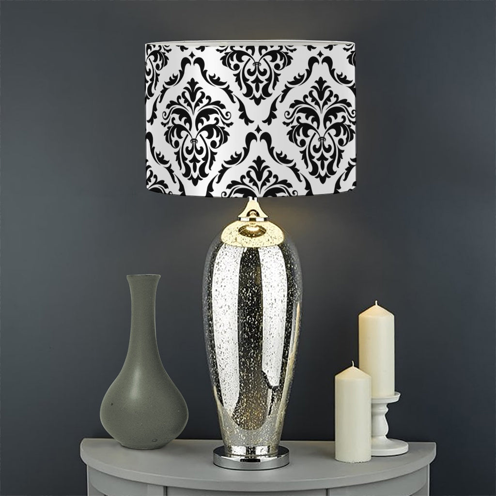 White And Black Damask Pattern Print Drum Lamp Shade