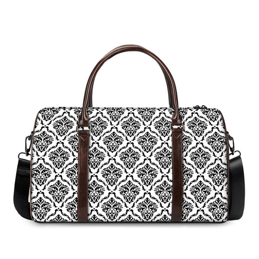 White And Black Damask Pattern Print Duffle Bag