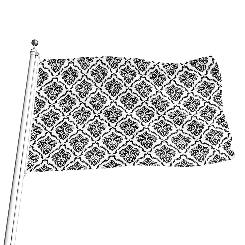 White And Black Damask Pattern Print Flag