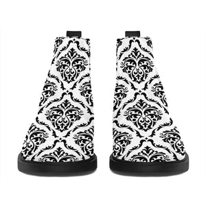 White And Black Damask Pattern Print Flat Ankle Boots