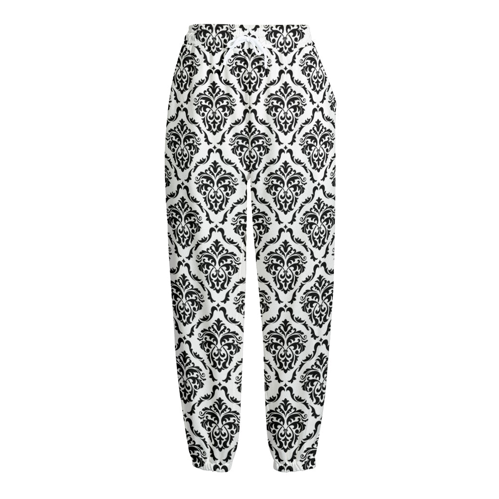 White And Black Damask Pattern Print Fleece Lined Knit Pants