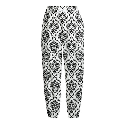 White And Black Damask Pattern Print Fleece Lined Knit Pants