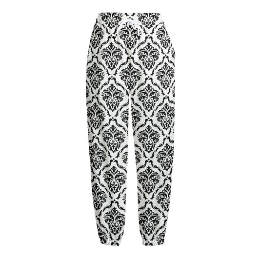 White And Black Damask Pattern Print Fleece Lined Knit Pants