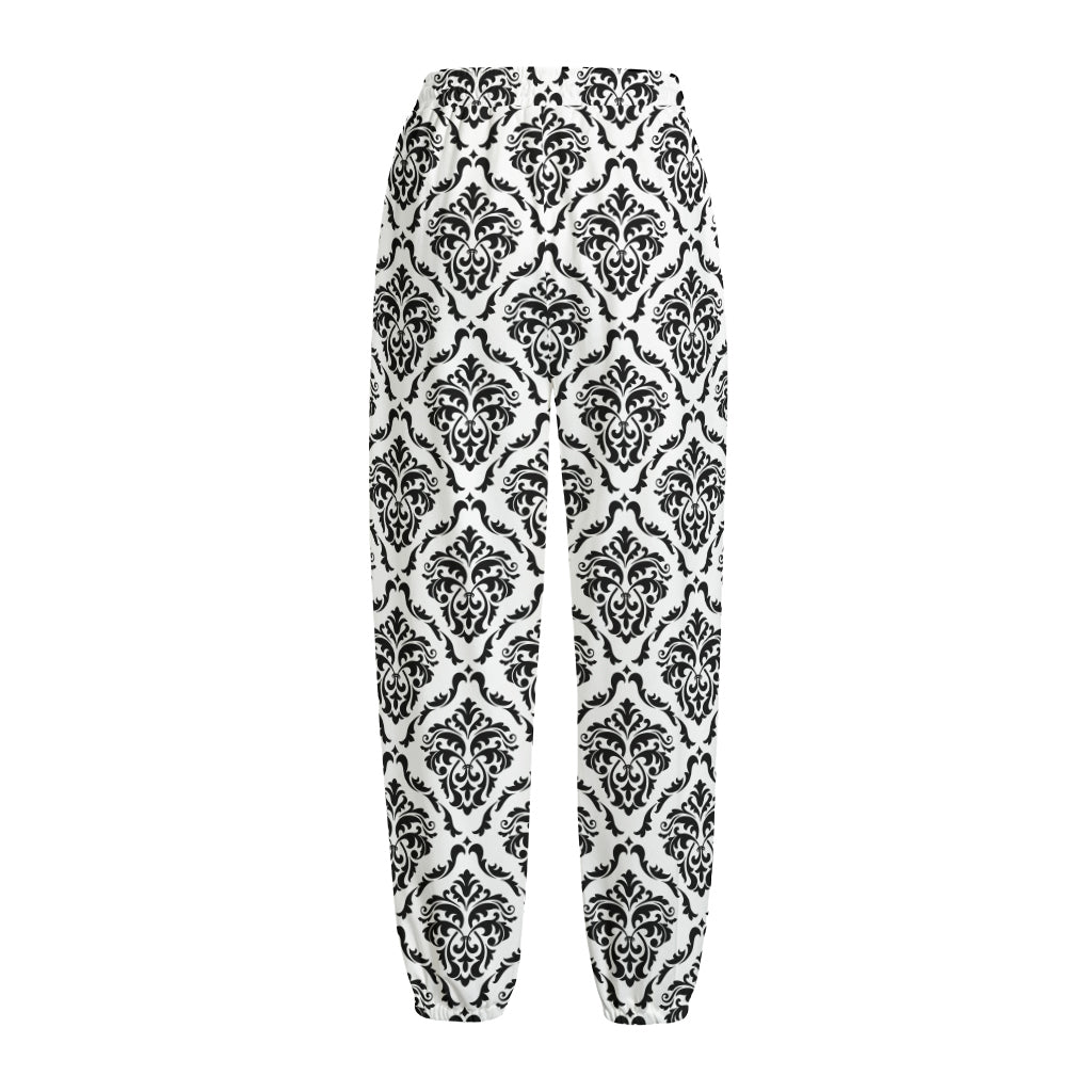 White And Black Damask Pattern Print Fleece Lined Knit Pants