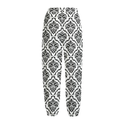 White And Black Damask Pattern Print Fleece Lined Knit Pants
