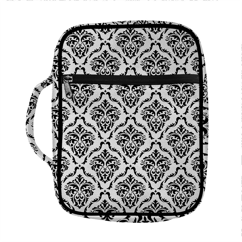 White And Black Damask Pattern Print Front Pocket Bible Bag