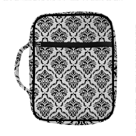 White And Black Damask Pattern Print Front Pocket Bible Bag