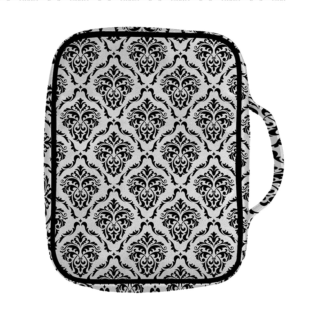 White And Black Damask Pattern Print Front Pocket Bible Bag