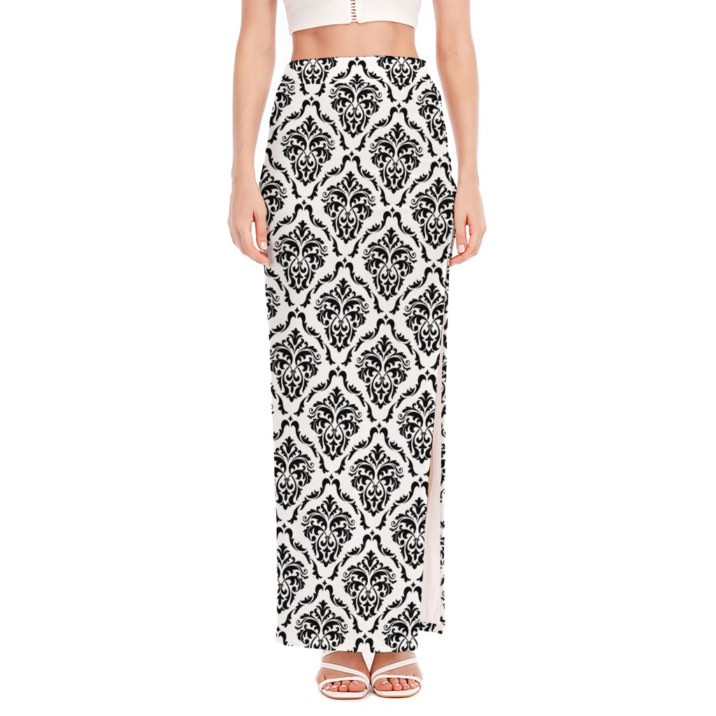 White And Black Damask Pattern Print High Slit Maxi Skirt