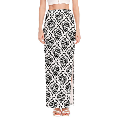 White And Black Damask Pattern Print High Slit Maxi Skirt