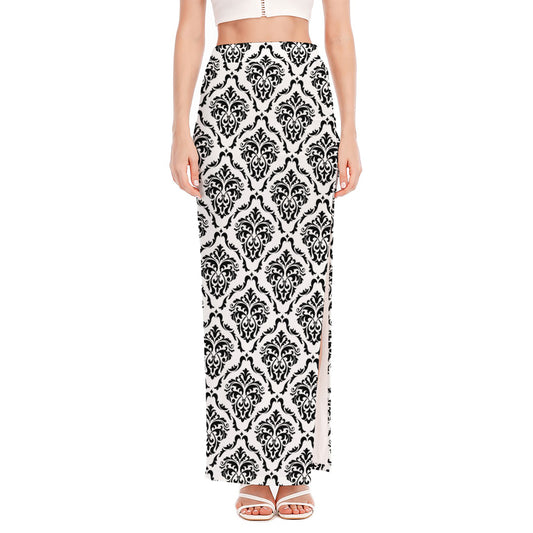 White And Black Damask Pattern Print High Slit Maxi Skirt