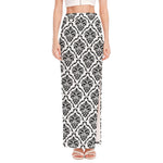 White And Black Damask Pattern Print High Slit Maxi Skirt