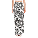 White And Black Damask Pattern Print High Slit Maxi Skirt