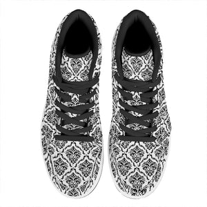 White And Black Damask Pattern Print High Top Leather Sneakers