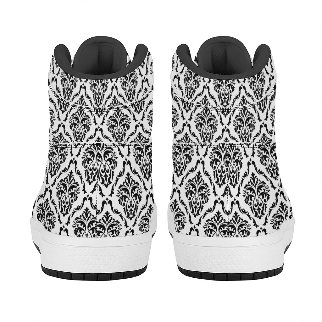 White And Black Damask Pattern Print High Top Leather Sneakers