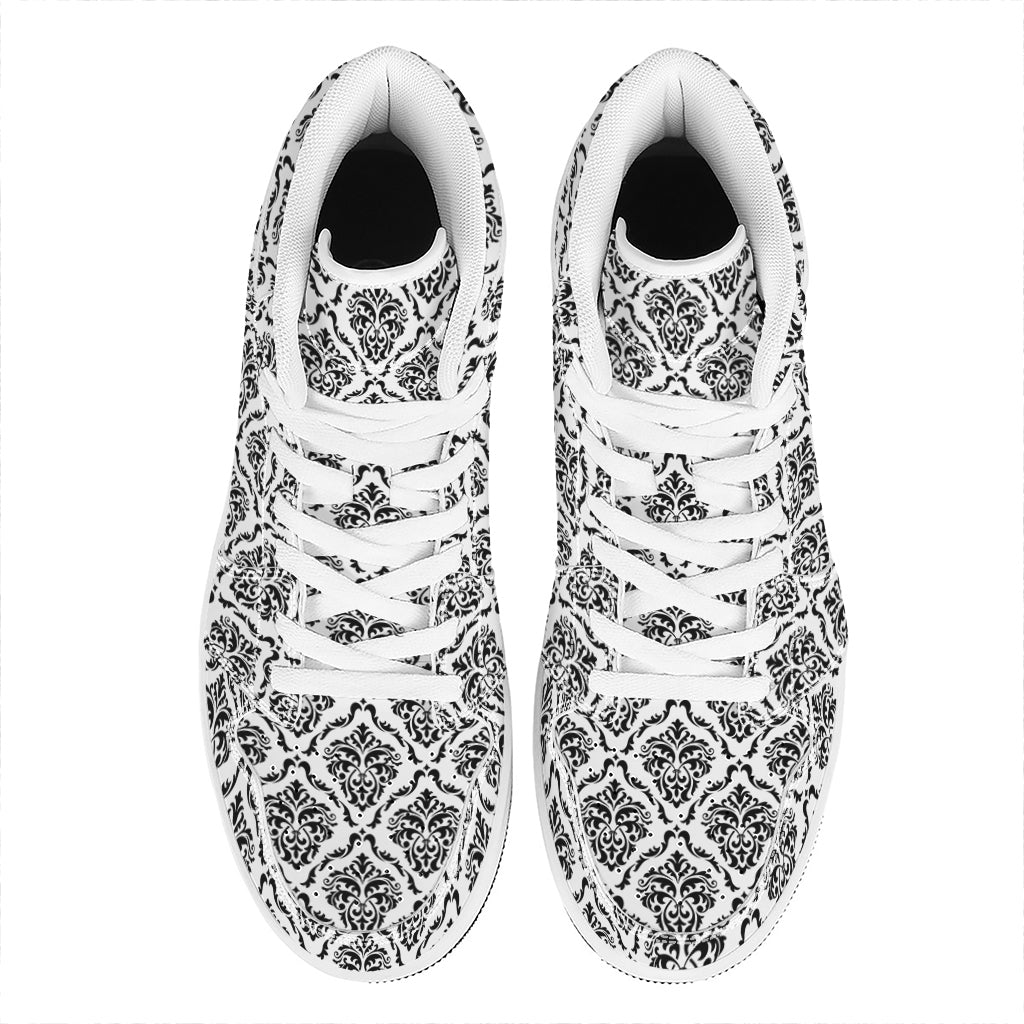 White And Black Damask Pattern Print High Top Leather Sneakers