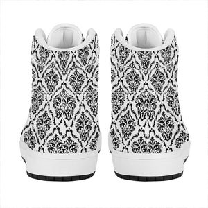 White And Black Damask Pattern Print High Top Leather Sneakers