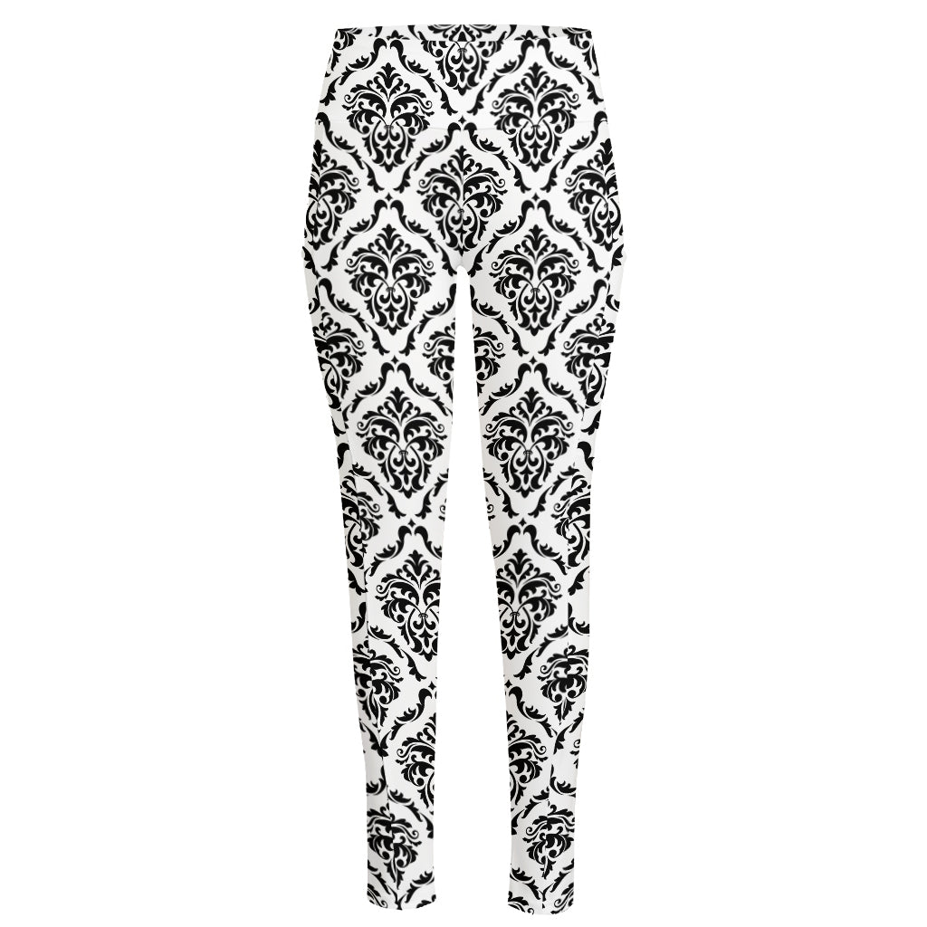 White And Black Damask Pattern Print High-Waisted Pocket Leggings