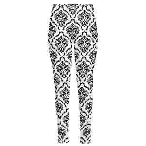 White And Black Damask Pattern Print High-Waisted Pocket Leggings