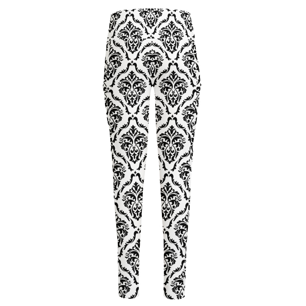 White And Black Damask Pattern Print High-Waisted Pocket Leggings