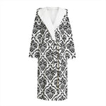 White And Black Damask Pattern Print Hooded Bathrobe