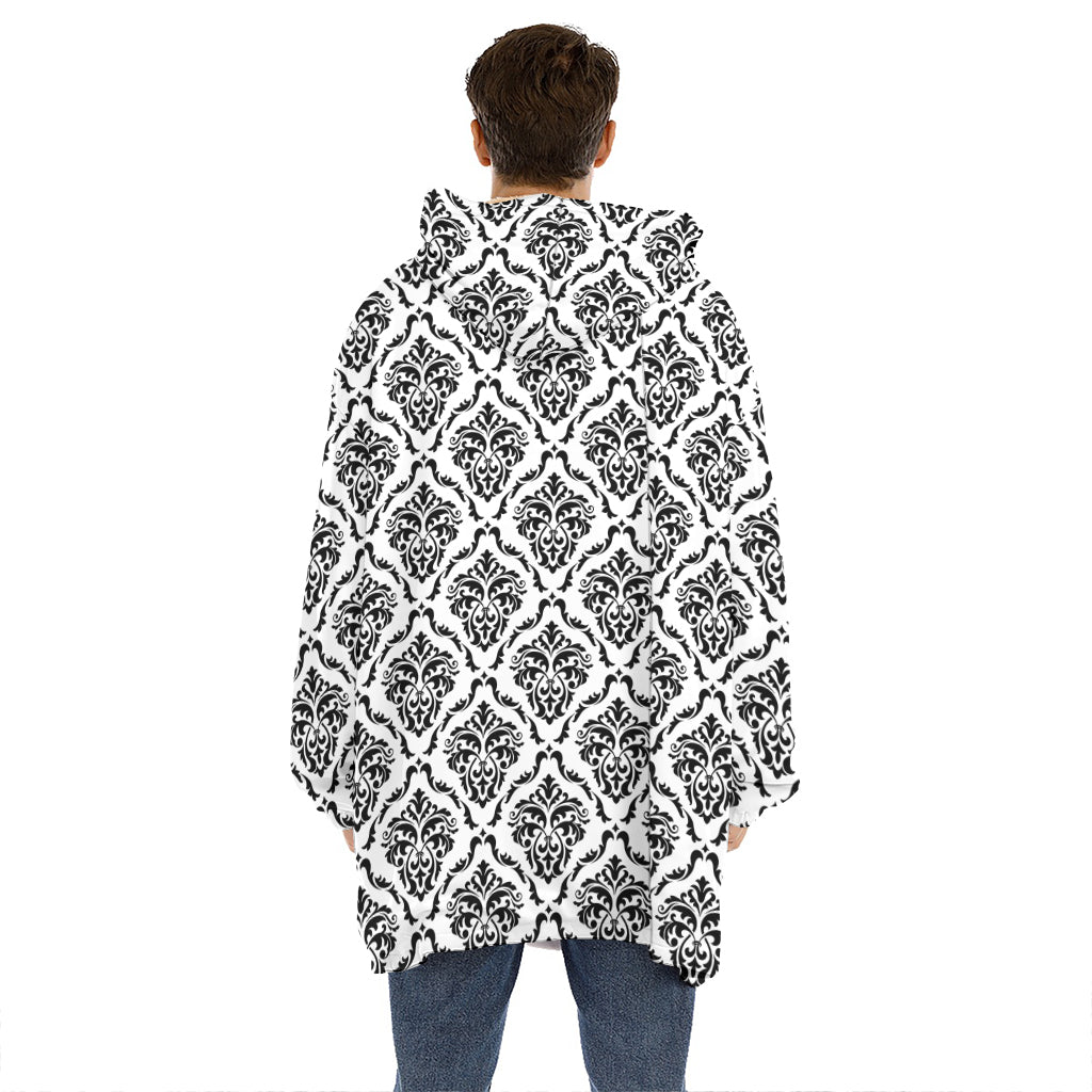 White And Black Damask Pattern Print Hoodie Blanket
