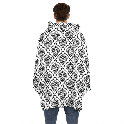 White And Black Damask Pattern Print Hoodie Blanket
