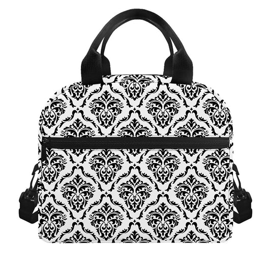 White And Black Damask Pattern Print Insulated Lunch Bag