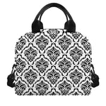 White And Black Damask Pattern Print Insulated Lunch Bag