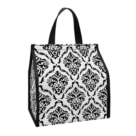 White And Black Damask Pattern Print Insulated Lunch Tote