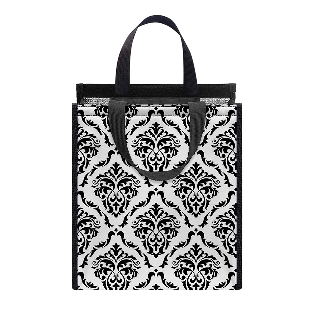 White And Black Damask Pattern Print Insulated Lunch Tote