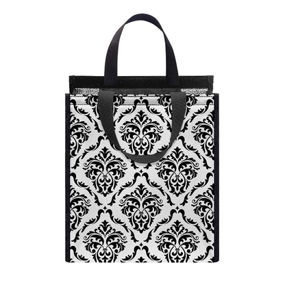 White And Black Damask Pattern Print Insulated Lunch Tote