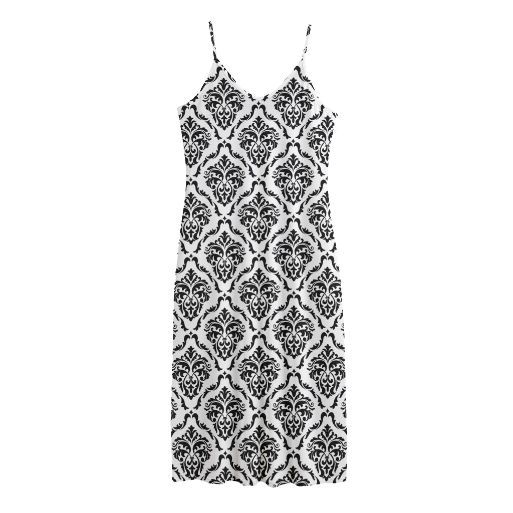 White And Black Damask Pattern Print Jersey Midi Cami Dress