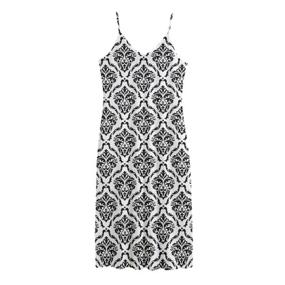 White And Black Damask Pattern Print Jersey Midi Cami Dress