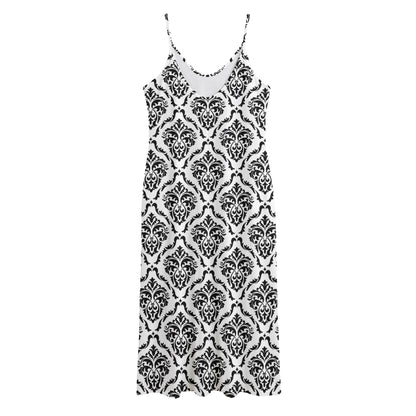 White And Black Damask Pattern Print Jersey Midi Cami Dress