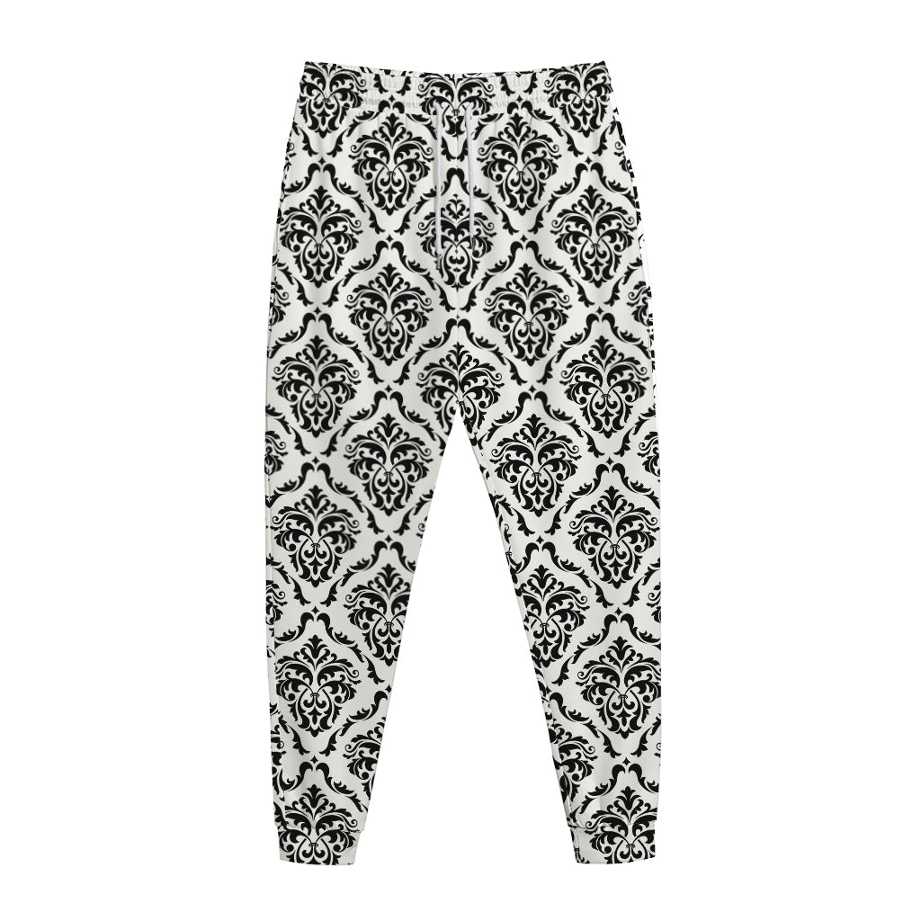 White And Black Damask Pattern Print Jogger Pants