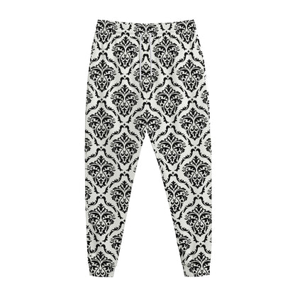 White And Black Damask Pattern Print Jogger Pants